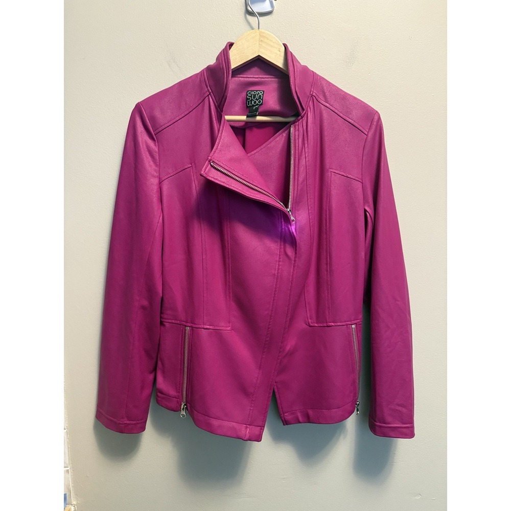 Clara Sun Woo Liquid "Leather" Jacket Moto Hem Zip Details Magenta Size Large